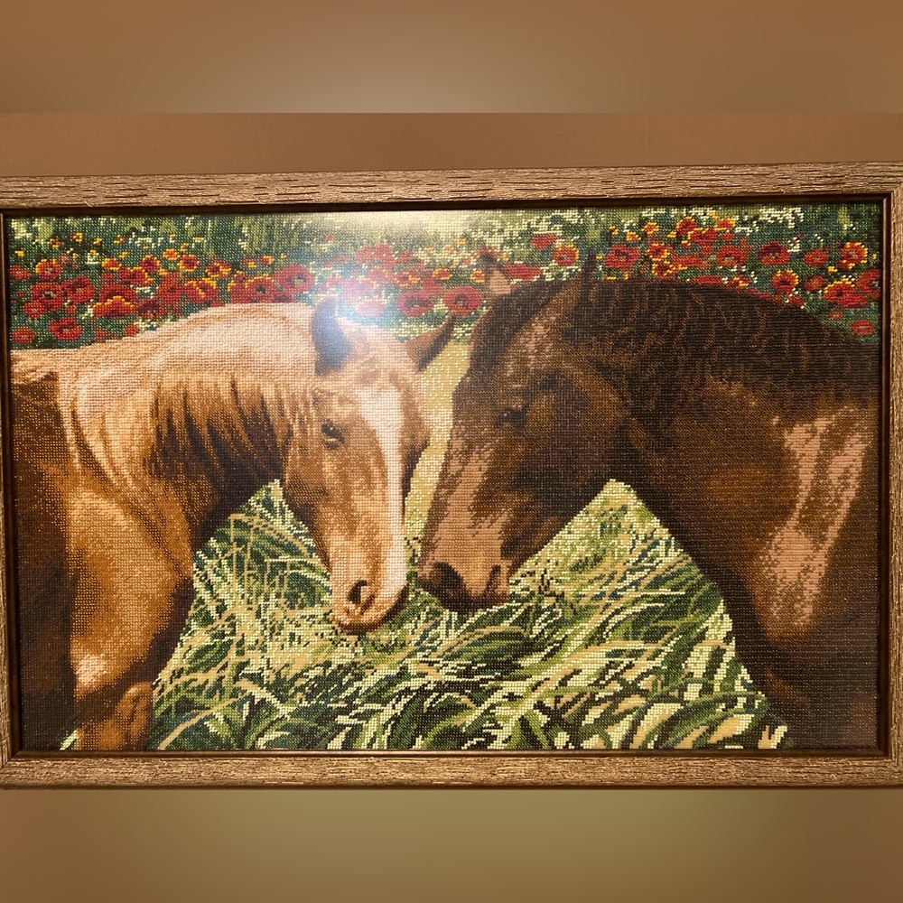 Hand embroidery with beads. Horses in a field. Large picture.